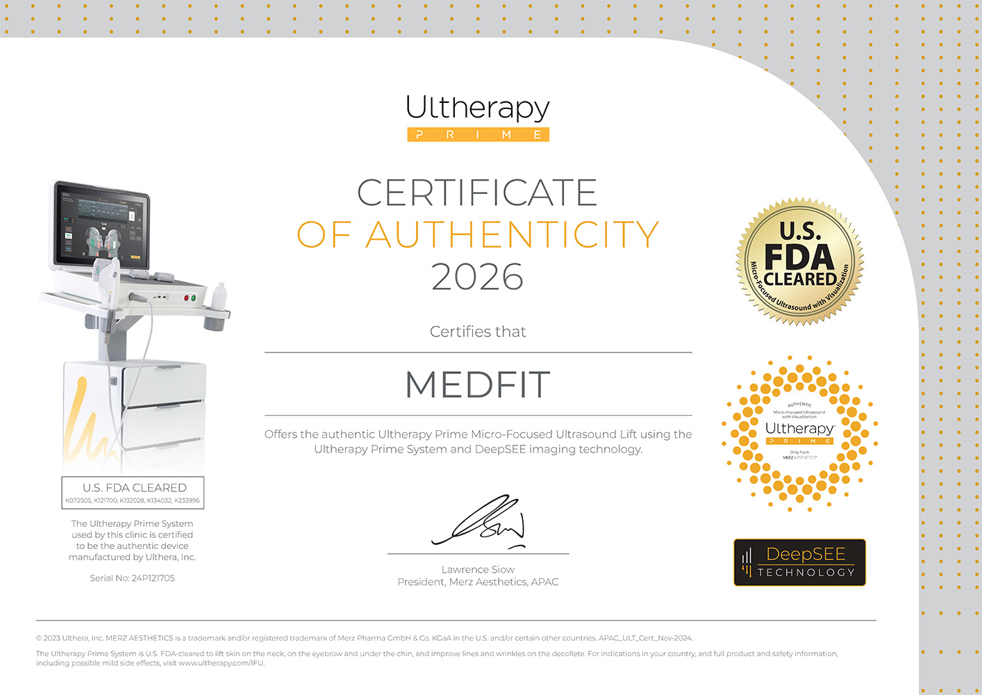 Certificate Ultherapy prime web